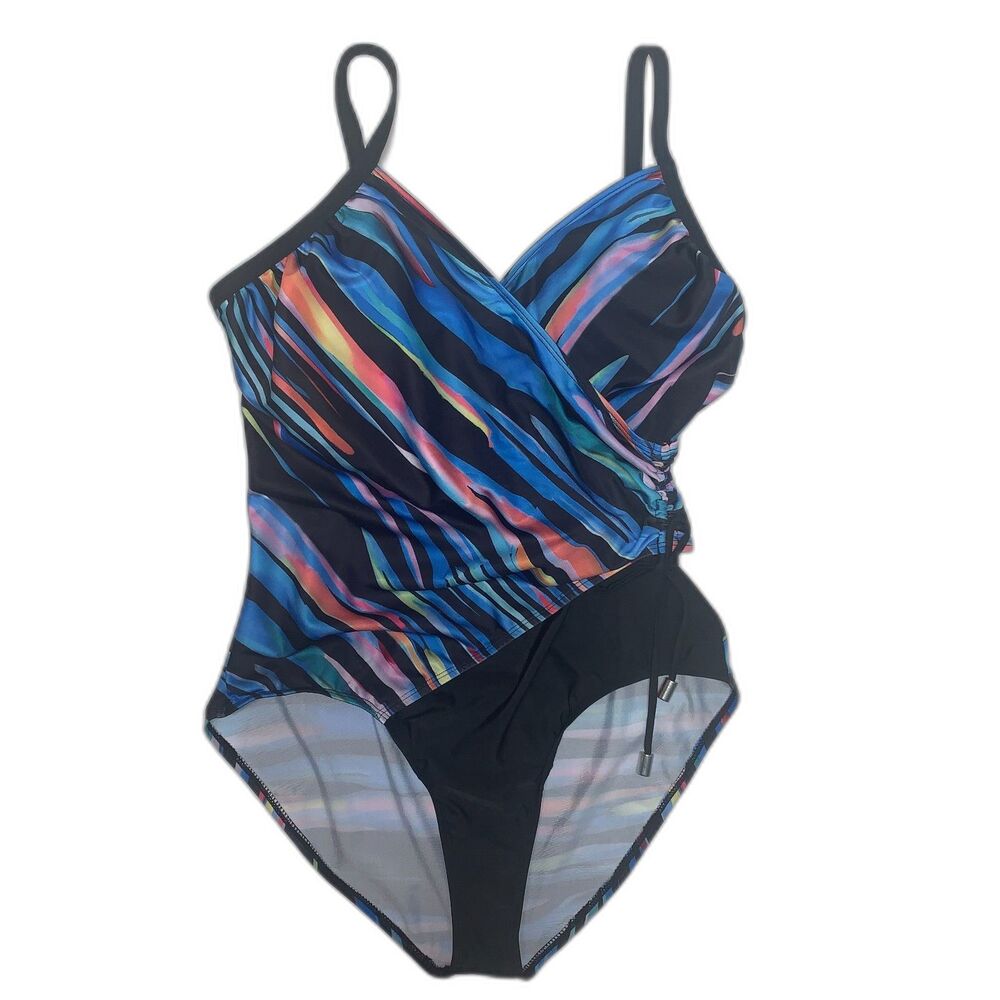 NEW Striped Print One-piece Swimsuit Deep V Neck Ruched Wrap Tummy Control Large